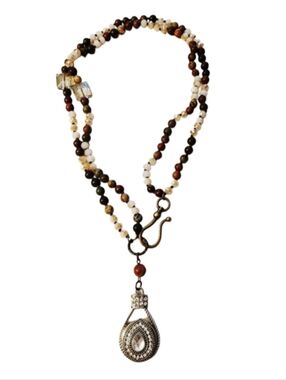 Crystal Teardrop Charm On Earth-Tone Beaded Double Strand Fishhook Necklace